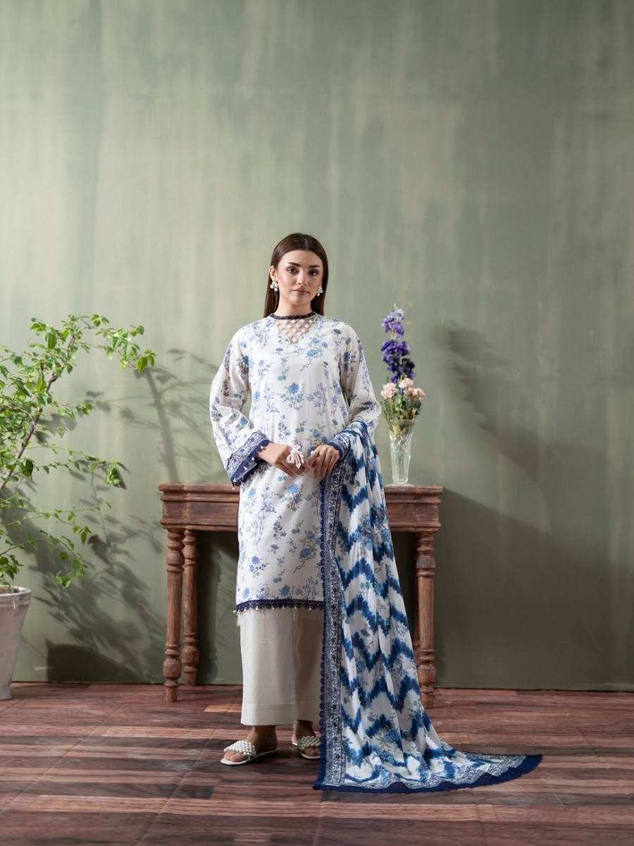 Original Pakistani Mausummery Premium Lawn Stitched 3Pcs _ Off White